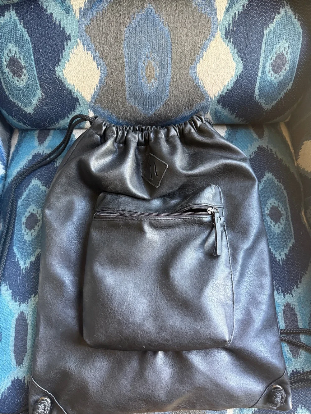 Black Leather Drawstring Backpack - Men's Casual Gym Bag